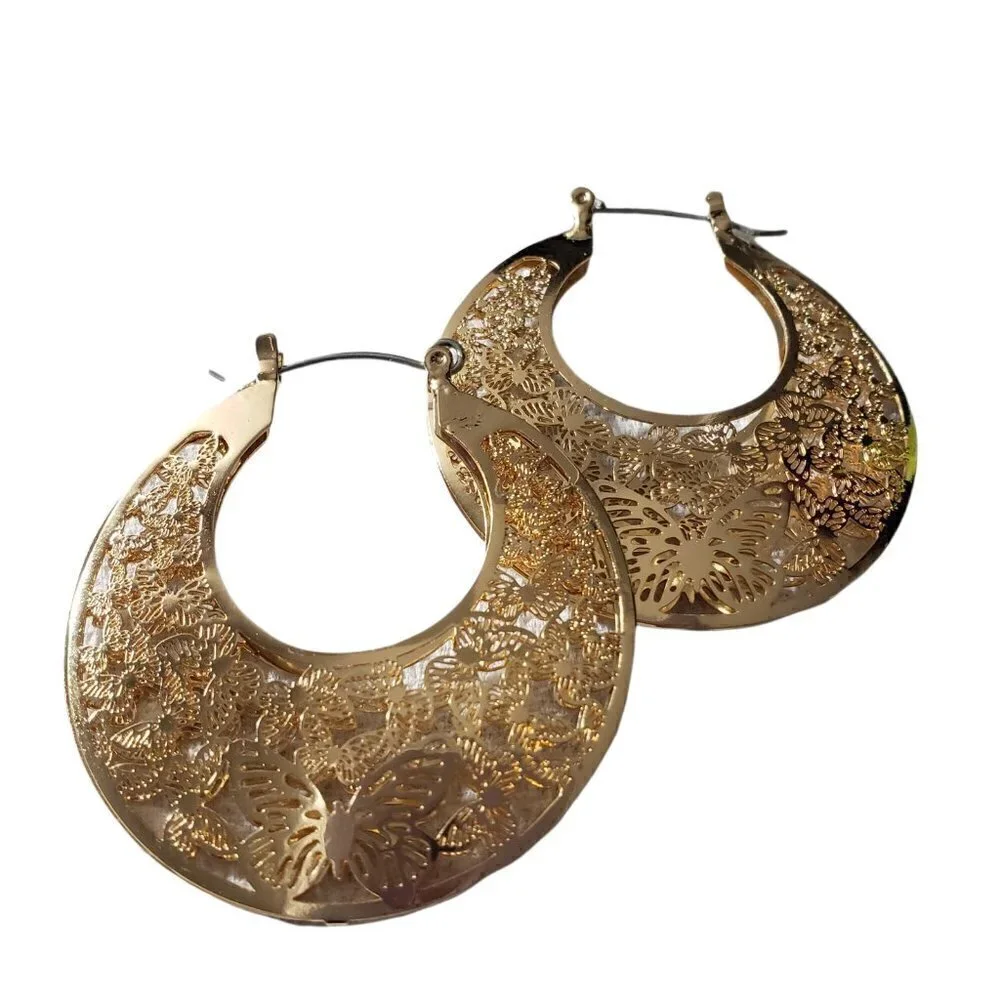 Womens Gold Butterfly Cast Hinge Circle Big Hoop Earrings Party Casual Jewelry